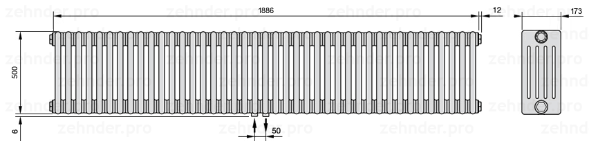 Схема (чертеж) Радиатор Zehnder Charleston 5050/41 №3470 Белый глянцевый RAL 9016
